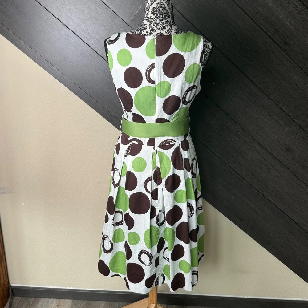 East 5th Women's Polka Dot Fit & Flare Belted Dress Size 8 Green Brown White - Picture 6 of 9